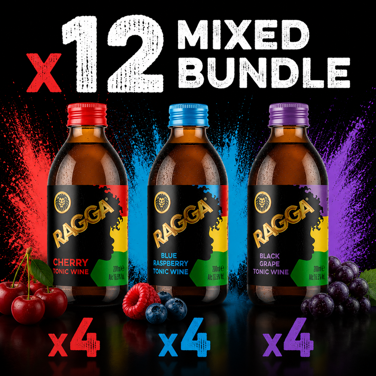 Ragga Tonic Cherry, Black Grape & Blue Raspberry Bundle 12 x 200ml 16.5% Abv