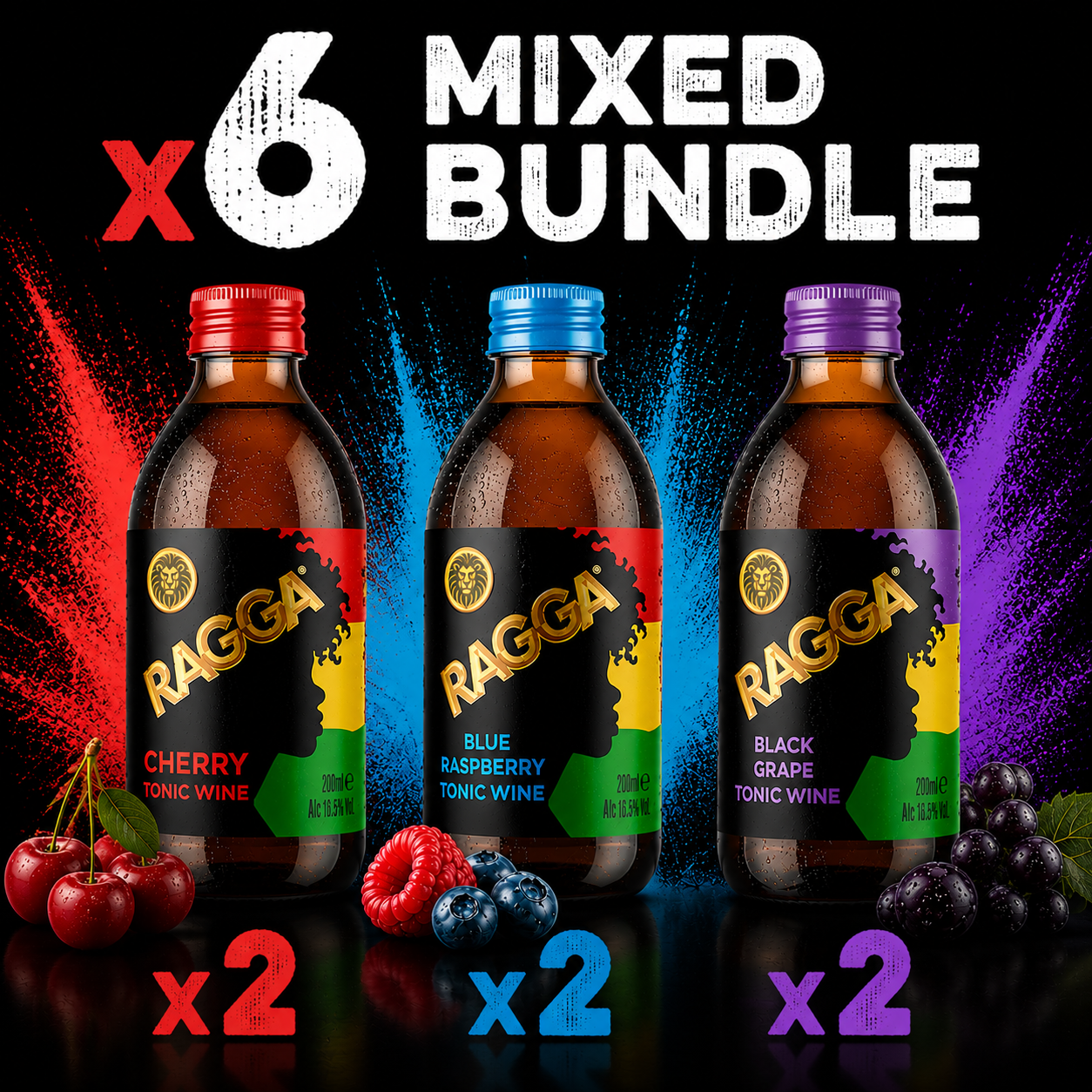 Ragga Tonic Cherry, Black Grape & Blue Raspberry Bundle 6 x 200ml 16.5% Abv